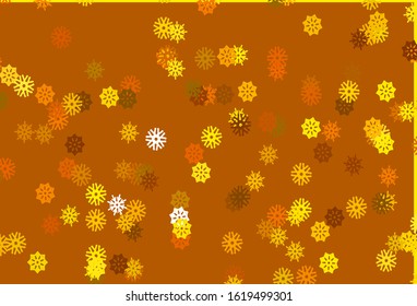 Light Orange vector cover with beautiful snowflakes. Shining colored illustration with snow in christmas style. The pattern can be used for year new  websites.