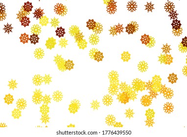 Funda vectorial de naranja claro con bonitos copos de nieve. Nieve sobre fondo abstracto borroso con gradiente. El patrón se puede usar para anuncios de año nuevo, folletos.