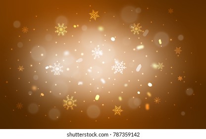 Light Orange vector cover with beautiful snowflakes. Blurred decorative design in xmas style with snow. The pattern can be used for new year leaflets.