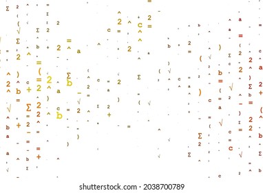 Light Orange vector cover with math elements. Colored mathematic signs with gradient on white background. Pattern for ads, poster, banner of books.