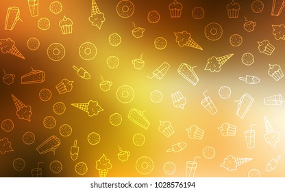 Light Orange vector cover with set of confections. Glitter abstract sketch with sweets, candies, desserts. Template of children's food in cafe.