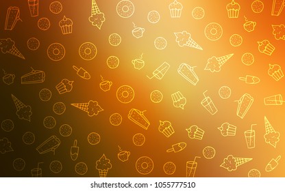 Light Orange vector cover with set of confections. Confections on blurred abstract background with colorful gradient. Doodle design for your business advert of cafes.