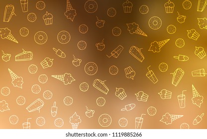Light Orange vector cover with set of confections. Confections on blurred abstract background with colorful gradient. Pattern for ads of breakfast, lunch, dinner.