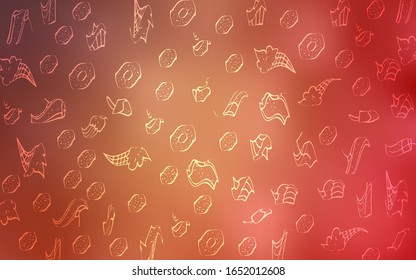 Light Orange vector cover with set of confections. Beautiful colored illustration with candies in doodle style. Pattern for ad, booklets, leaflets of restaurants.