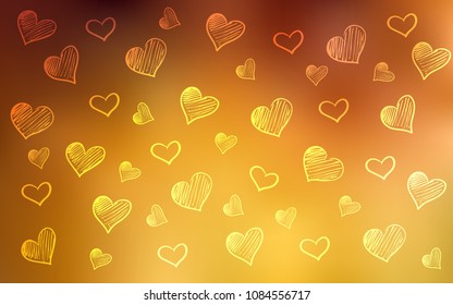 Light Orange vector cover with Shining hearts. Glitter abstract illustration with colorful hearts in romantic style. Pattern for marriage gifts, congratulations.