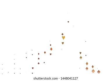 Light Orange vector cover with symbols of gamble. Colored illustration with hearts, spades, clubs, diamonds. Template for business cards of casinos.