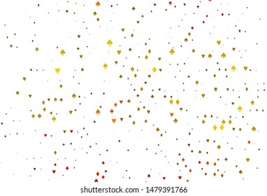 Light Orange vector cover with symbols of gamble. Colored illustration with hearts, spades, clubs, diamonds. Pattern for ads of parties, events in Vegas.