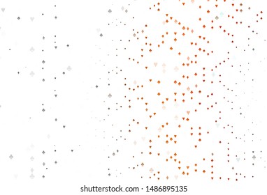 Light Orange vector cover with symbols of gamble. Illustration with set of hearts, spades, clubs, diamonds. Template for business cards of casinos.