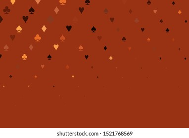 Light Orange vector cover with symbols of gamble. Colored illustration with hearts, spades, clubs, diamonds. Template for business cards of casinos.