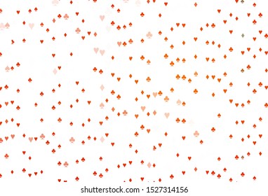 Light Orange vector cover with symbols of gamble. Colorful gradient with signs of hearts, spades, clubs, diamonds. Pattern for ads of parties, events in Vegas.