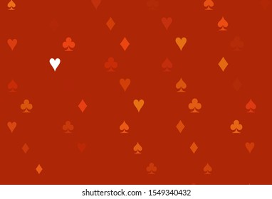 Light Orange vector cover with symbols of gamble. Blurred decorative design of hearts, spades, clubs, diamonds. Pattern for ads of parties, events in Vegas.