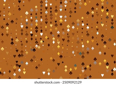 Light Orange vector cover with symbols of gamble. Illustration with set of hearts, spades, clubs, diamonds. Template for business cards of casinos.