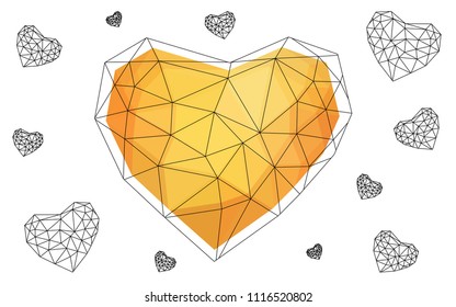 Light Orange vector greeting Card Happy Valentine's Day. Lettering with hearts on the white polygonal background. Colored triangular illustration for your business.