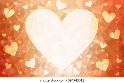 Light Orange vector greeting Card Happy Valentine's Day. Lettering with hearts on the white polygonal background. Colored triangular illustration for your business.
