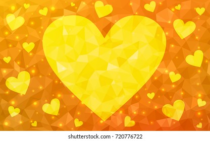 Light Orange vector greeting Card Happy Valentine's Day. Lettering with hearts on the white polygonal background. Colored triangular illustration for your business.