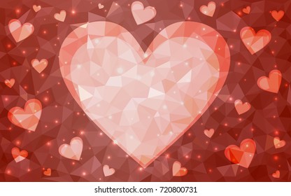 Light Orange vector greeting Card Happy Valentine's Day. Lettering with hearts on the white polygonal background. Colored triangular illustration for your business.