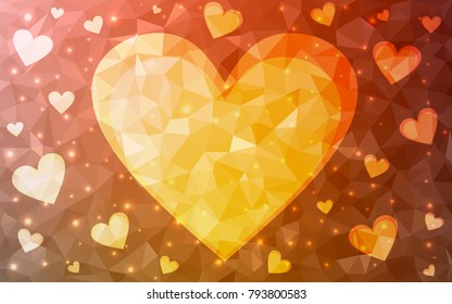Light Orange vector greeting Card Happy Valentine's Day. Lettering with hearts on the white polygonal background. Colored triangular illustration for your business.