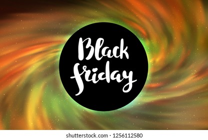 Light Orange vector layout with a black hole, universe. Abstract illustration with glitter colorful cosmic stars. Template for Black Friday sales.