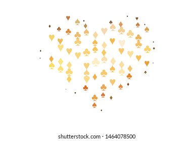 Light Orange vector layout with elements of cards. Shining illustration with hearts, spades, clubs, diamonds. Smart design for your business advert of casinos.