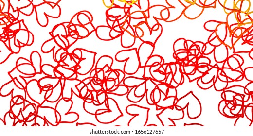 Light Orange vector pattern with colorful hearts. Blurred decorative design in doodle style with hearts. Template for Valentine's greeting postcards.