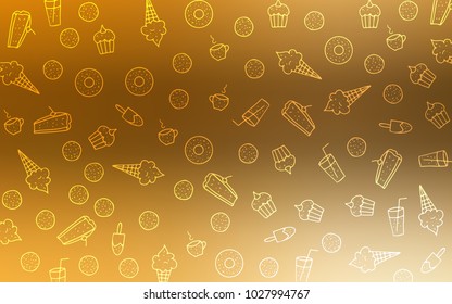 Light Orange vector pattern with delicious cookies. Confections on blurred abstract background with colorful gradient. Doodle design for your business advert of cafes.