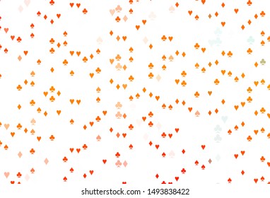 Light Orange vector pattern with symbol of cards. Shining illustration with hearts, spades, clubs, diamonds. Pattern for ads of parties, events in Vegas.