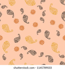 Light Orange vector seamless abstract pattern with leaves and flowers. Decorative design in Indian style on white background. Brand new style for your business design.