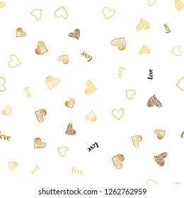 Light Orange vector seamless backdrop with phrase LOVE YOU, hearts. Illustration with words of love, hearts in abstract style. Pattern for trendy fabric, wallpapers.