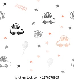 Light Orange vector seamless backdrop in holiday style. Illustration with a colorful toy car, baloon, candy, star, ball. Pattern for carnival, festival ads.