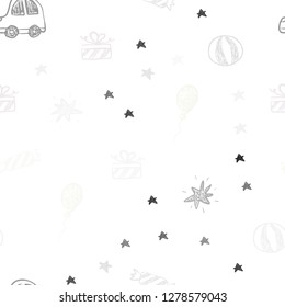 Light Orange vector seamless backdrop in holiday style. Shining illustration with a toy car, baloon, candy, star, ball. Pattern for birthday gifts.