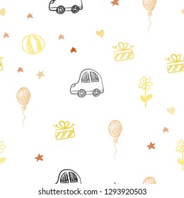 Light Orange vector seamless backdrop with holiday gifts. Illustration with a colorful toy car, heart, baloon, tulip, candy, ball. Pattern for carnival, festival ads.