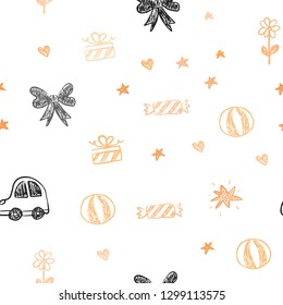 Light Orange vector seamless backdrop with holiday gifts. Design in xmas style with a toy car, heart, baloon, tulip, candy, ball. Design for holiday adverts.