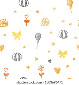 Light Orange vector seamless backdrop in holiday style. Illustration with a gradientheart, baloon, candy, gift, star, ribbon. Design for holiday adverts.