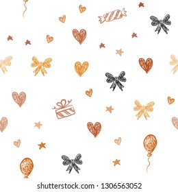 Light Orange vector seamless backdrop in holiday style. Colorful illustration with aheart, baloon, candy, gift, star, ribbon. Design for colorful commercials.