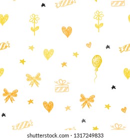 Light Orange vector seamless backdrop in holiday style. Abstract illustration with aheart, baloon, candy, gift, star, ribbon. Design for holiday adverts.