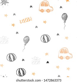 Light Orange vector seamless backdrop in holiday style. Illustration with a gradient toy car, baloon, candy, star, ball. Pattern for carnival, festival ads.