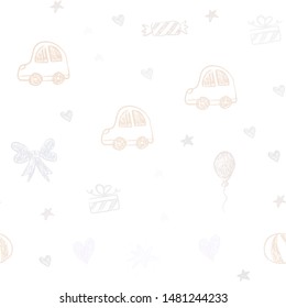 Light Orange vector seamless backdrop with holiday gifts. Illustration with a colorful toy car, heart, baloon, tulip, candy, ball. Pattern for birthday gifts.