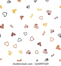 Light Orange vector seamless background with words of love, hearts. Illustration with phrase LOVE YOU, hearts for valentine's day. Texture for window blinds, curtains.