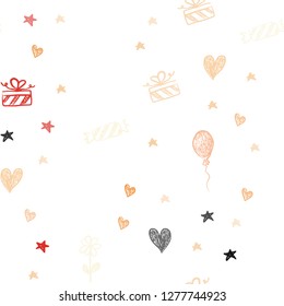 Light Orange vector seamless background in xmas style. Shining illustration with aheart, baloon, candy, gift, star, ribbon. Pattern for new year ads.