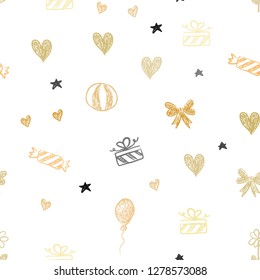 Light Orange vector seamless background in xmas style. Illustration with a gradientheart, baloon, candy, gift, star, ribbon. Pattern for new year ads.