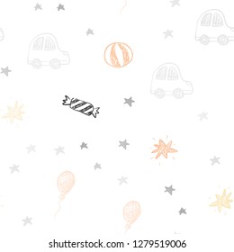 Light Orange vector seamless background in xmas style. Illustration with a gradient toy car, baloon, candy, star, ball. Pattern for carnival, festival ads.