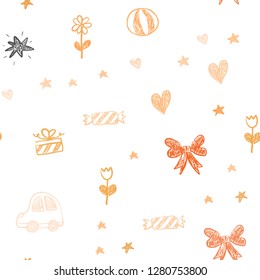 Light Orange vector seamless background with xmas attributes. Illustration with a gradient toy car, heart, baloon, tulip, candy, ball. Template for new year postcards.
