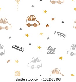 Light Orange vector seamless background in xmas style. Colorful illustration with a toy car, baloon, candy, star, ball. Pattern for new year ads.