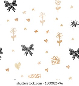 Light Orange vector seamless background with xmas attributes. Shining illustration with a toy car, heart, baloon, tulip, candy, ball. Design for holiday adverts.