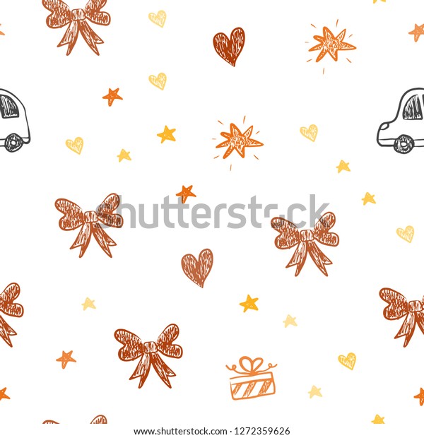 Light Orange vector\
seamless background with xmas attributes. Design in xmas style with\
a toy car, heart, baloon, tulip, candy, ball. Design for colorful\
commercials.