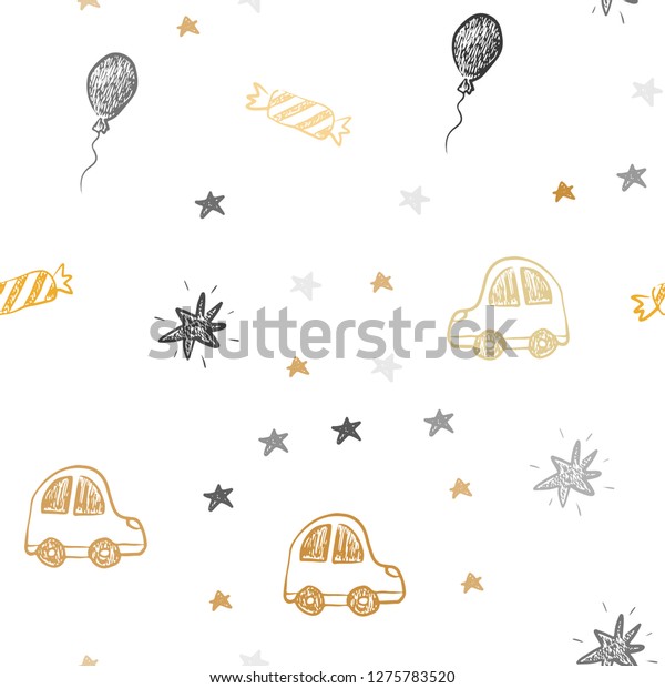Light Orange vector seamless background in xmas\
style. Illustration with a gradient toy car, baloon, candy, star,\
ball. Pattern for birthday\
gifts.