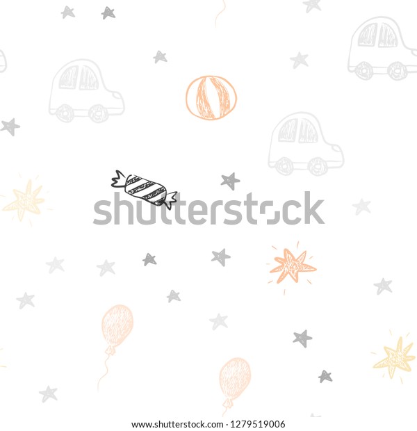 Light Orange vector seamless\
background in xmas style. Illustration with a gradient toy car,\
baloon, candy, star, ball. Pattern for carnival, festival\
ads.