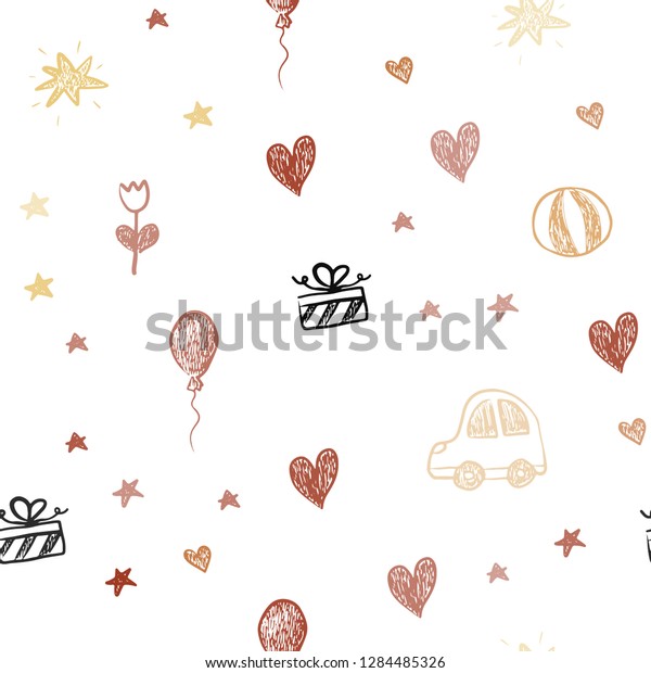 Light Orange vector seamless\
background with xmas attributes. Design in xmas style with a toy\
car, heart, baloon, tulip, candy, ball. Pattern for birthday\
gifts.