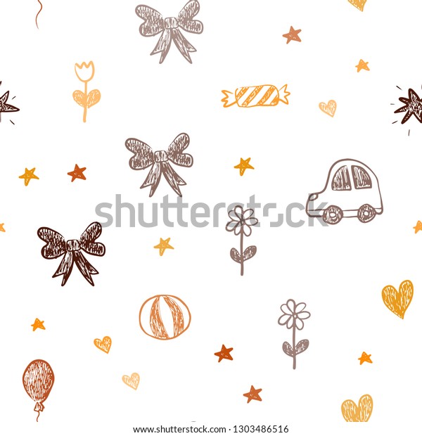 Light Orange
vector seamless background with xmas attributes. Illustration with
a gradient toy car, heart, baloon, tulip, candy, ball. Template for
new year postcards.