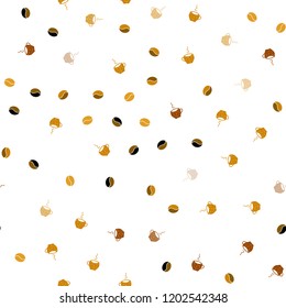 Light Orange vector seamless cover with set of coffee beans. Glitter abstract backdrop with gradient mugs, coffee grains. Design for ad, poster, banner of cafes, restaurants.